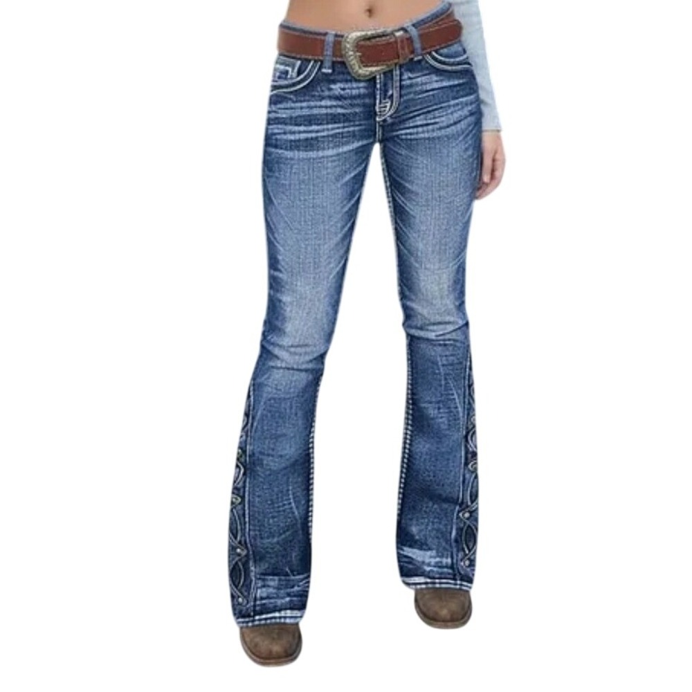 Flamingals Studded Side Lace Up Mid Waist Bootcut stretch Jeans mid Wash Boho Sm